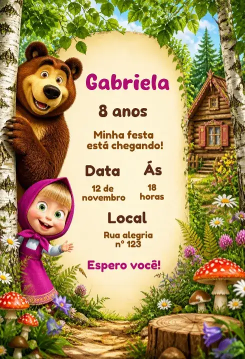 Invitación convite de aniversário masha e o urso editável – tema Aniversário Infantil colorido, divertido, infantil, ilustrações de personagens, alegre