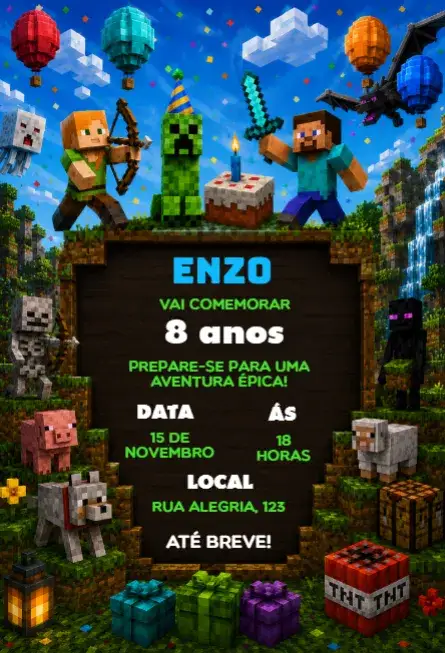 Convite Convite de aniversário minecraft – tema Aniversário Infantil pixelado, colorido, divertido, moderno, jogo