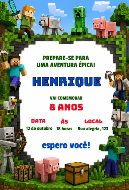 Convite de aniversário minecraft editável