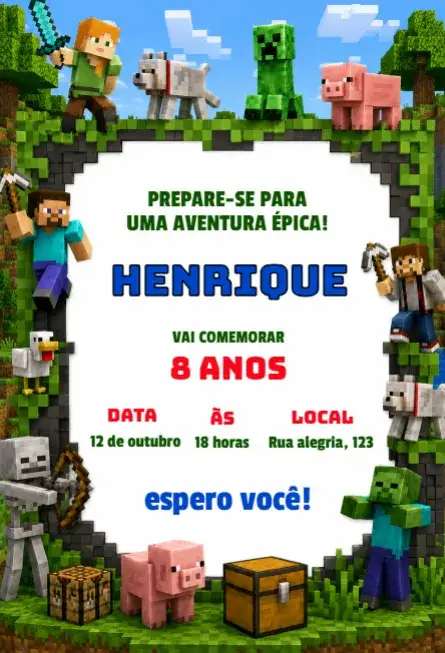 Convite Convite de aniversário minecraft editável – tema Aniversário Infantil colorido, moderno, jogos, divertido, temático