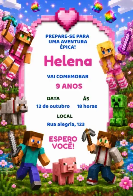 Invitación Invitación de cumpleaños de Minecraft editable – tema Cumpleaños Infantil píxeles visibles, colores vibrantes, elementos de juegos, estilo de dibujos animados, diseño divertido