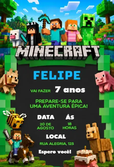 Invitación Invitación de cumpleaños de Minecraft editable editable y personalizable