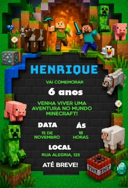 Invitación Invitación de cumpleaños de Minecraft editable – tema Cumpleaños Infantil pixelado, colorido, divertido, juegos, aventura