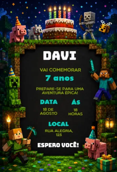 Invitación Invitación de cumpleaños de Minecraft editable – tema Cumpleaños Infantil pixelado, colorido, aventura, divertido, moderno, jogos