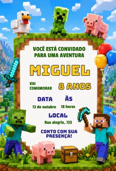 Invitación Invitación de cumpleaños de Minecraft editable – tema Cumpleaños Infantil colores vibrantes, estilo pixelado, elementos del juego, diseño lúdico, temática divertida