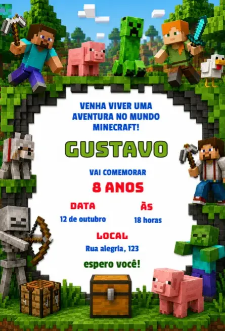 Invitación Invitación de cumpleaños de Minecraft – tema Cumpleaños Infantil Colores vibrantes, Estilo pixelado, Elementos gráficos del juego, Tema de aventura, Visual divertido