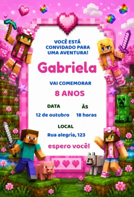Invitación Invitación de cumpleaños de Minecraft para niña – tema Cumpleaños Infantil colores vibrantes, estilo pixelado, elementos del juego, diseño lúdico, tema de aventura