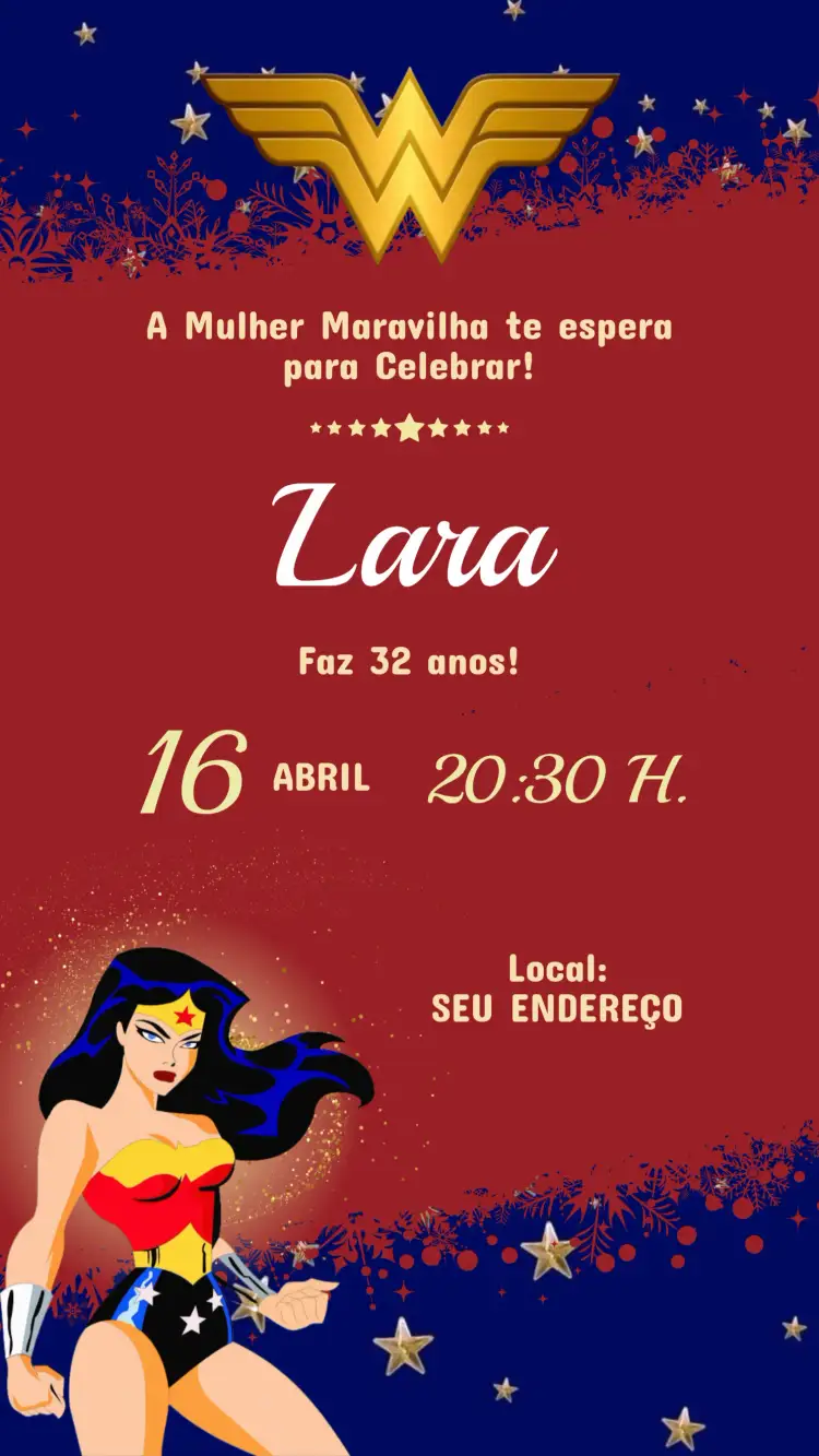 Convite Convite de Aniversário Mulher Maravilha – tema Aniversário modernos, coloridos, super-heróis, vibrante, jovial, divertido