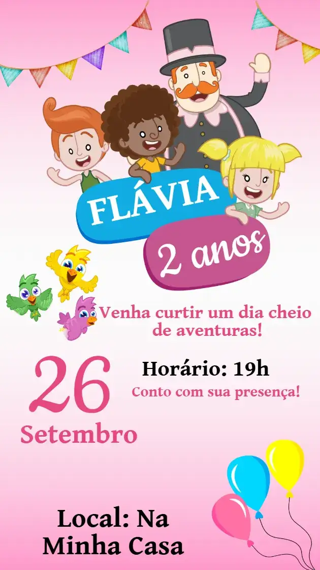 Invitation Convite de Aniversário Mundo Bita – Aniversário Infantil theme rosa, lúdico, colorido, temático, infantil, divertido