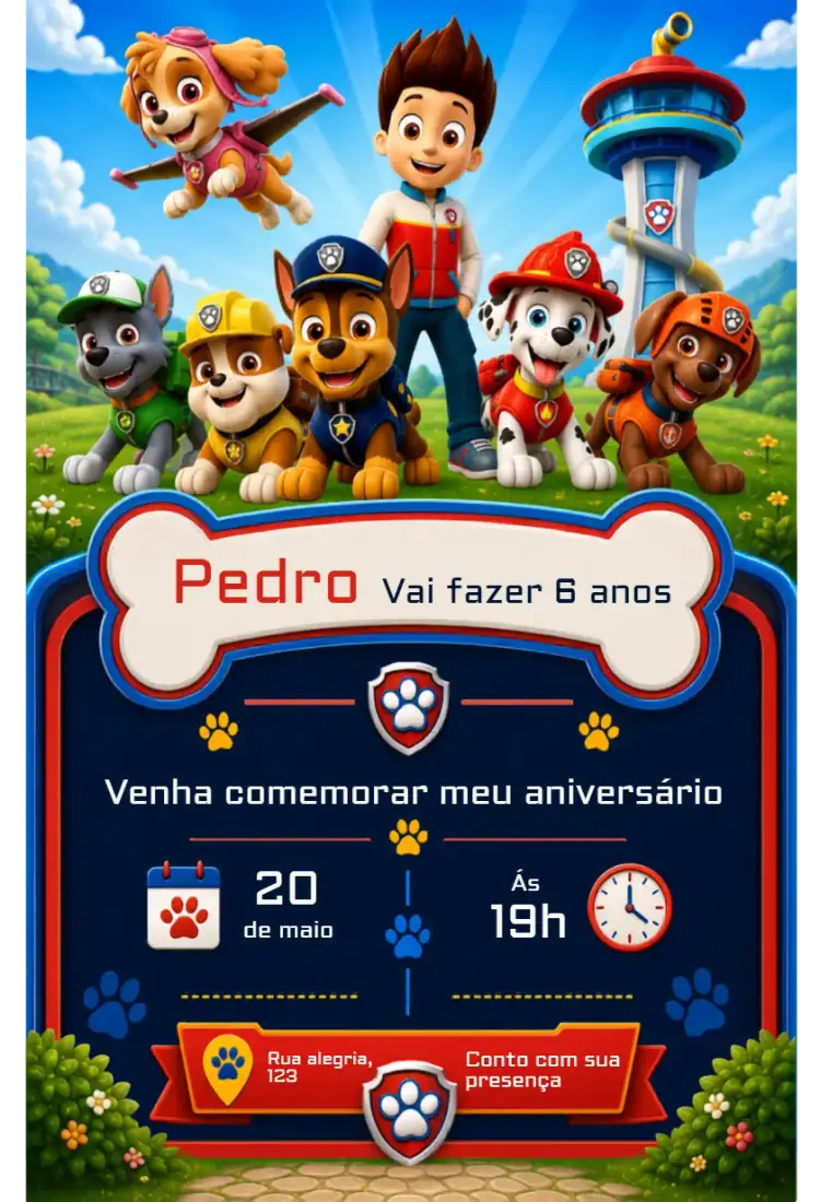 Convite de Aniversário Patrulha Canina