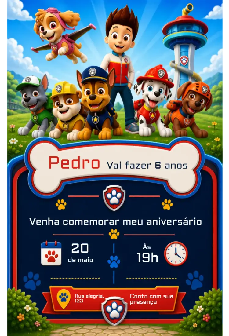 Convite Convite de Aniversário Patrulha Canina – tema Aniversário Infantil colorido, temático, divertido, aventura, infantil