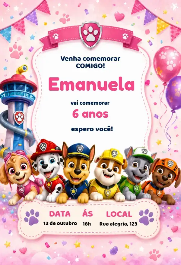 Convite Convite de aniversário patrulha canina – tema Aniversário Infantil colorido, divertido, temático, infantil, animado