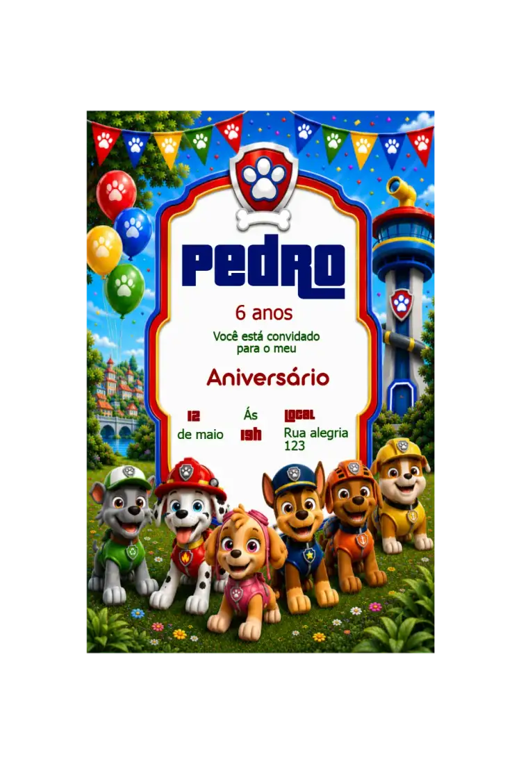 Convite Convite de Aniversário Patrulha Canina – tema Aniversário Infantil colorido, divertido, aventura, infantil, animado, temático