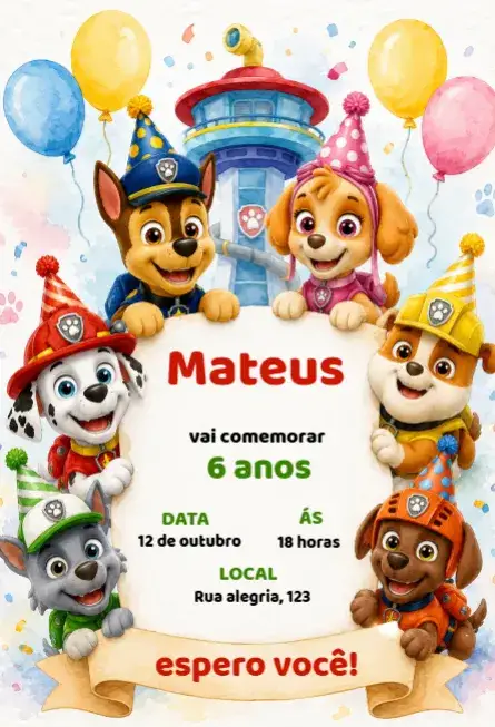 Convite Convite de aniversário patrulha canina – tema Aniversário Infantil colorido, divertido, temático, infantil, aventura