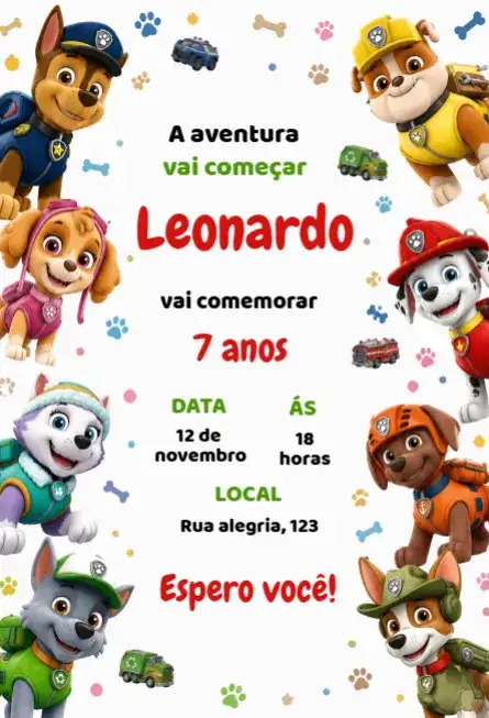 Convite de aniversário patrulha canina