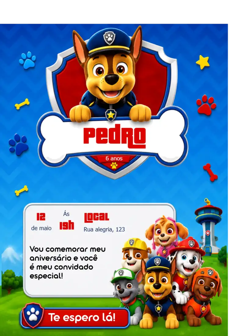 Convite de Aniversário Patrulha Canina Chase