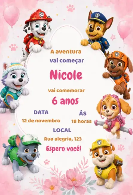 Convite Convite de aniversário patrulha canina editável – tema Aniversário Infantil colorido, temático, divertido, infantil, animado