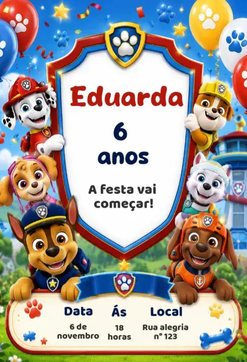 Convite de aniversário patrulha canina editável