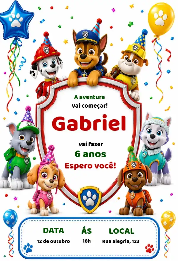 Convite de aniversário patrulha canina editável
