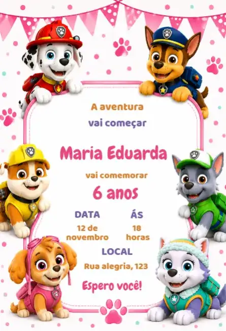 Convite de aniversário patrulha canina menina editável
