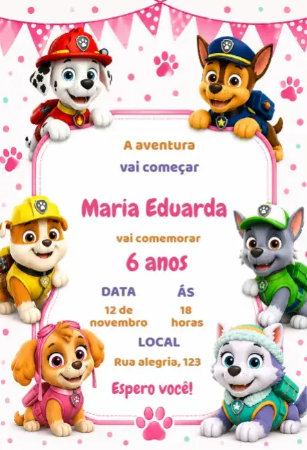 Convite Convite de aniversário patrulha canina menina editável – tema Aniversário Infantil cores vibrantes, estilo lúdico, ilustrações de personagens, tema alegre, design infantil, elementos gráficos divertidos
