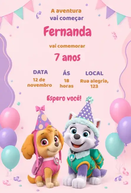 Convite Convite de aniversário patrulha canina para menina editável – tema Aniversário Infantil cores vibrantes, estilo divertido, elementos gráficos da Patrulha Canina, ilustrações infantis, design colorido