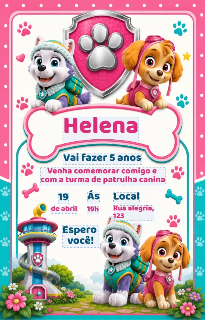Convite Convite de Aniversário Patrulha Canina Rosa – tema Aniversário Infantil cores rosa e lilás, ilustrações da Patrulha Canina, estilo divertido e lúdico, elementos gráficos de aventura, design colorido e alegre
