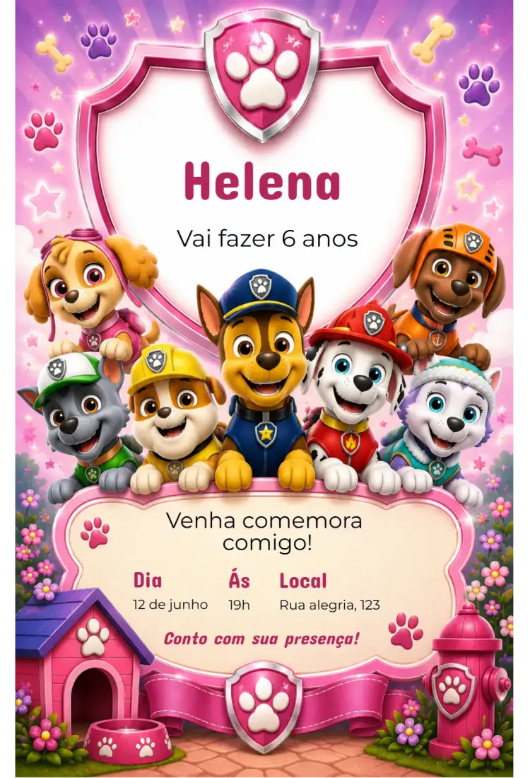 Convite de Aniversário Patrulha Canina Rosa