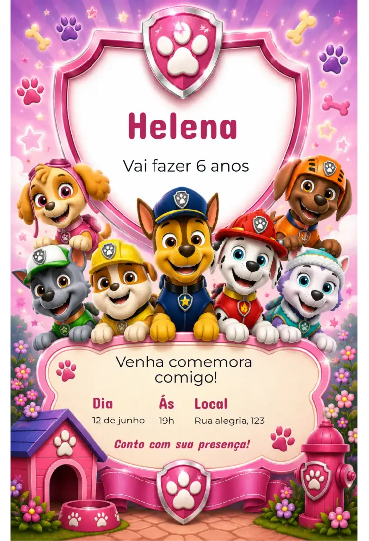 Convite Convite de Aniversário Patrulha Canina Rosa – tema Aniversário Infantil cores pastéis, design divertido, ilustrações de personagens, elementos gráficos infantis, tema rosa, estilo alegre
