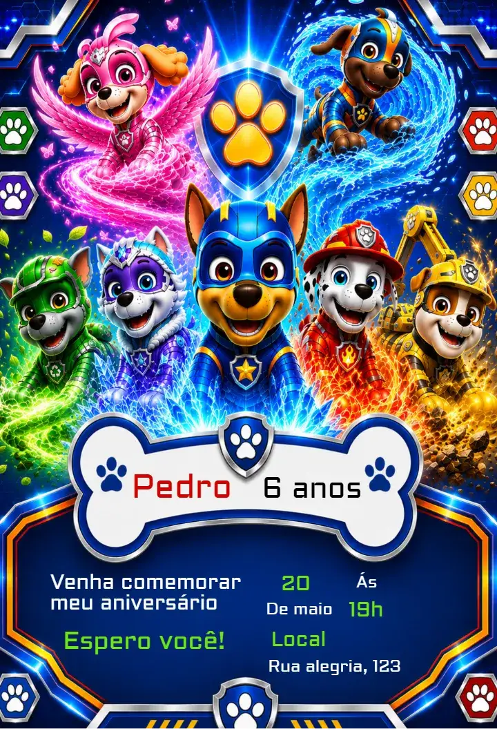 Convite Convite de Aniversário Patrulha Canina Super Filhotes – tema Aniversário Infantil colorido, divertido, temático, infantil, animado