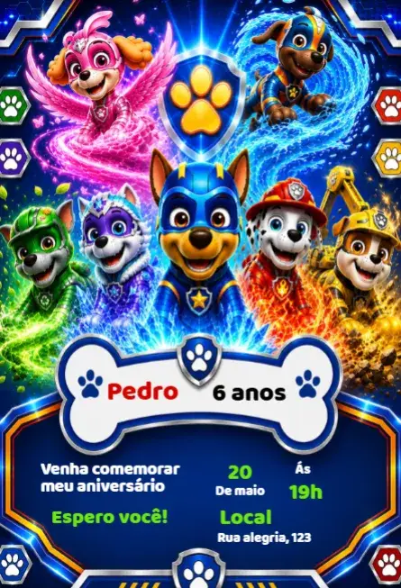 Convite de Aniversário Patrulha Canina Super Filhotes