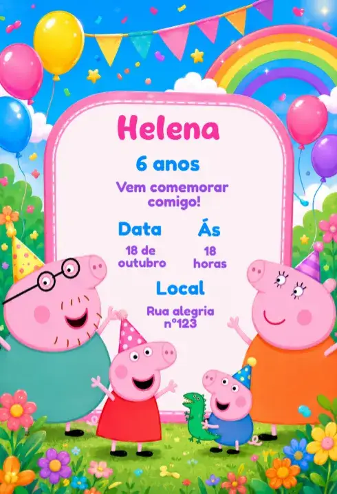 Convite Convite de aniversário peppa pig editável – tema Aniversário Infantil colorido, ilustrações infantis, divertido, brincalhão, temático, animado