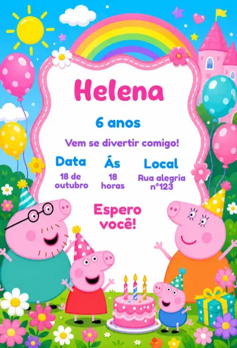 Convite Convite de aniversário peppa pig editável – tema Aniversário Infantil cores vibrantes, estilo lúdico, elementos gráficos de desenho animado, fundo colorido, estilo moderno, tema infantil