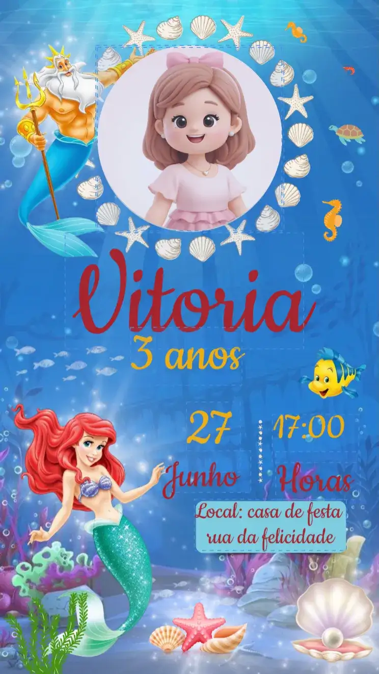 Convite de Aniversário Pequena Sereia com Foto