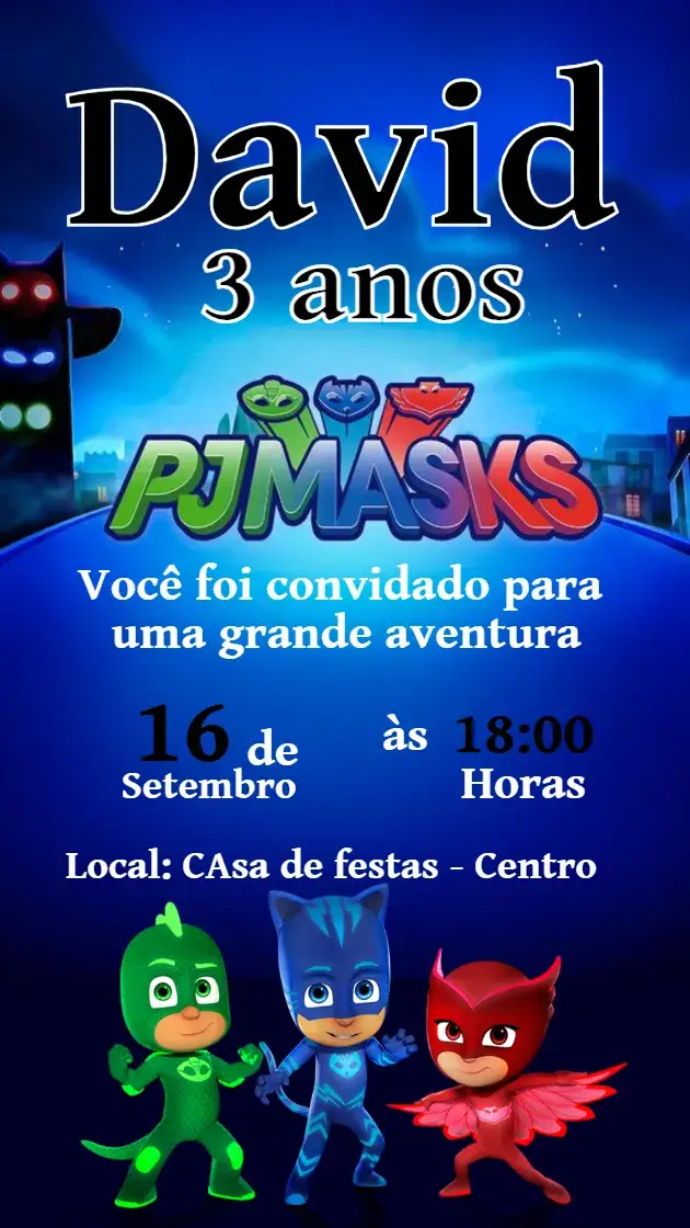 Convite Convite de Aniversário PJ Masks – tema Aniversário Infantil colorido, temática de super-heróis, divertido, infantil, aventureiro, moderno