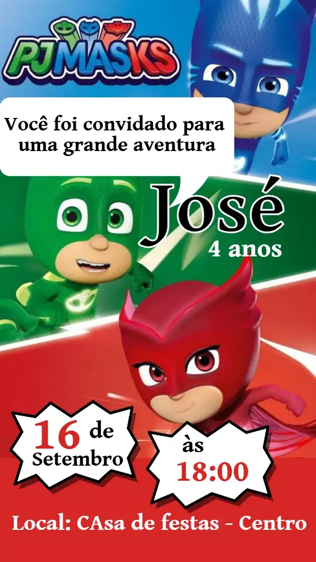 Convite de Aniversário PJ Masks