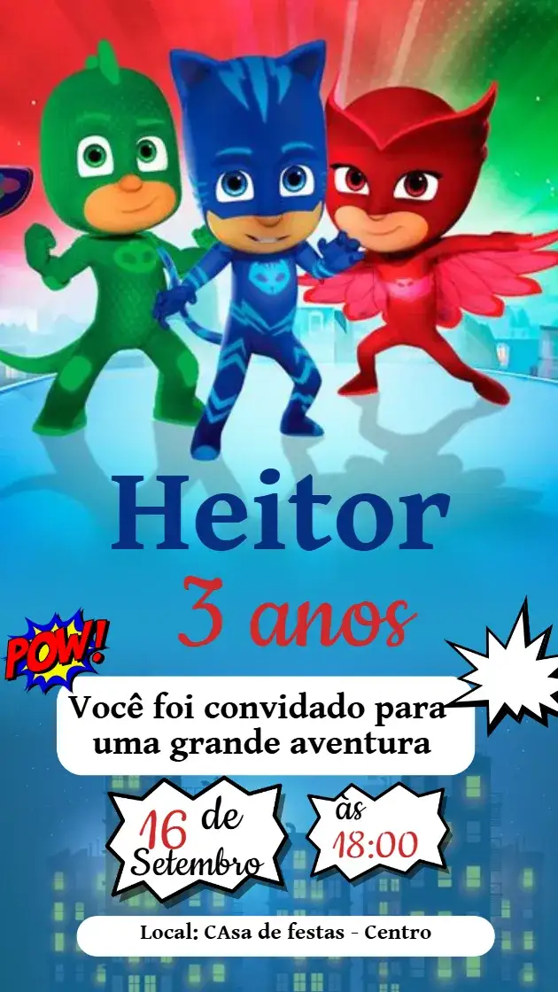 Convite Convite de Aniversário PJ Masks – tema Aniversário Infantil cores vibrantes, estilo moderno, elementos de super-heróis, design colorido, estética lúdica