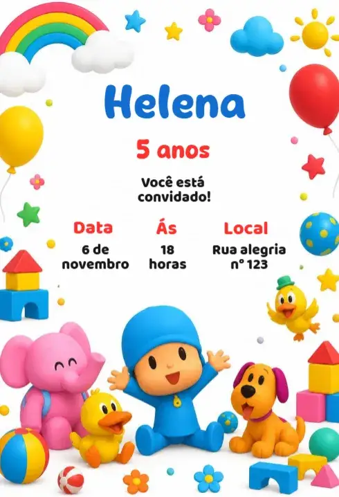 Convite Convite de aniversário Pocoyo – tema Aniversário Infantil colorido, lúdico, divertido, infantil, animado
