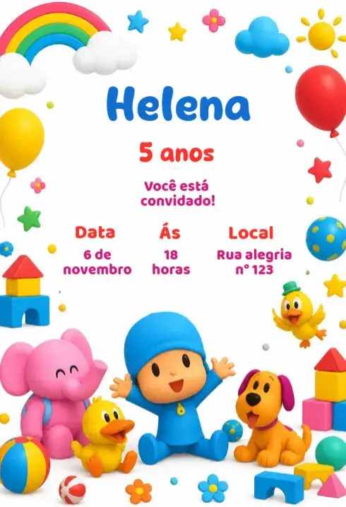 Convite Convite de aniversário Pocoyo – tema Aniversário Infantil colorido, lúdico, divertido, infantil, temático