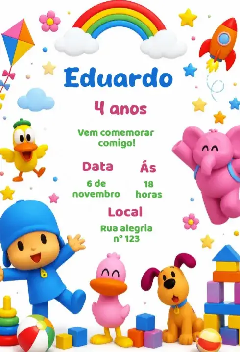 Convite convite de aniversário Pocoyo editável – tema Aniversário Infantil colorido, divertido, infantil, ilustrações animadas, temática de desenhos, alegre