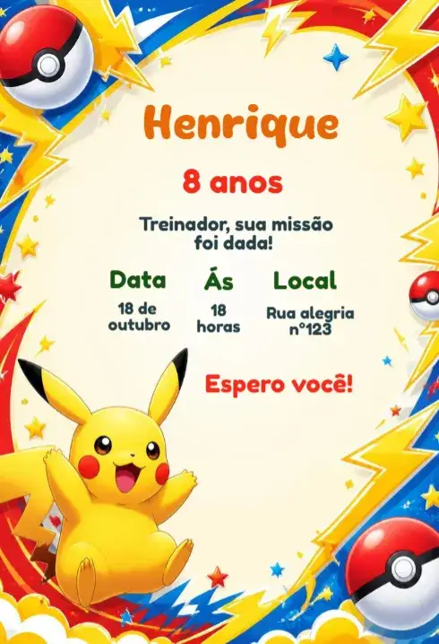 Convite Convite de aniversário Pokémon – tema Aniversário Infantil colorido, divertido, jovial, temático, exploratório, interativo