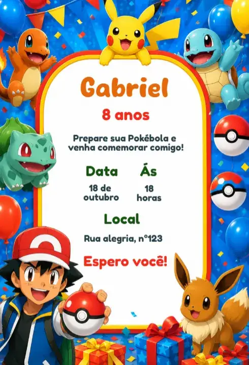 Convite Convite de aniversário pokemon editável – tema Aniversário Infantil cores vibrantes, personagens de desenhos animados, estilo moderno, elementos gráficos divertidos, tema de aventura