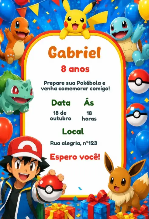 Convite de aniversário pokemon editável