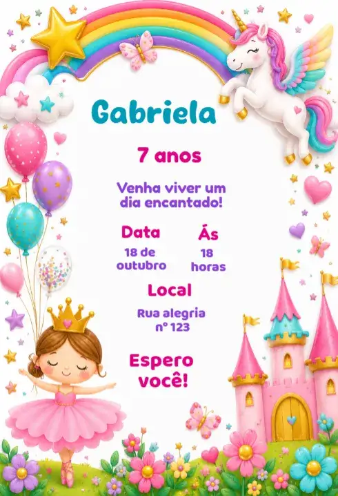Convite Convite de aniversário princesa e unicornio – tema Aniversário Infantil cores pastel, mágico, fantasia, brilho, elementos de conto de fadas