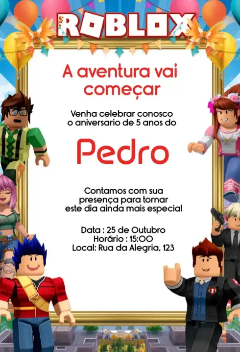 Invitación Convite de Aniversário Roblox Editável para Menino – tema Aniversário Infantil colorido, gamer, moderno, divertido, jovial