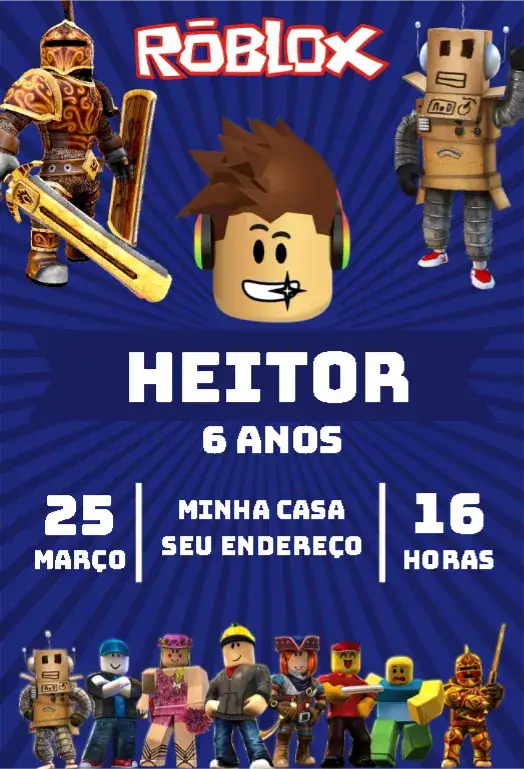 Convite Convite de Aniversário Roblox Menino – tema Aniversário Infantil azul, gamer, Roblox, divertido, moderno, temático