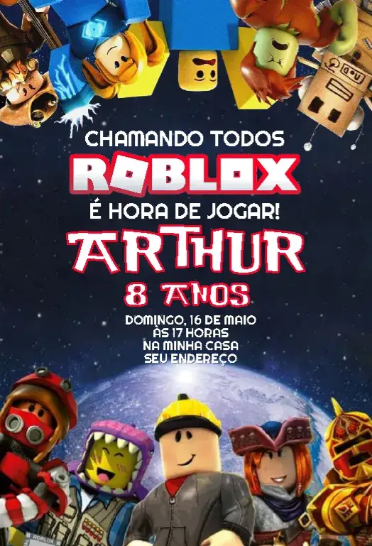 Convite Convite de Aniversário Roblox Menino Lua – tema Aniversário Infantil azul escuro, marinho, jogos, moderno, divertido, temático