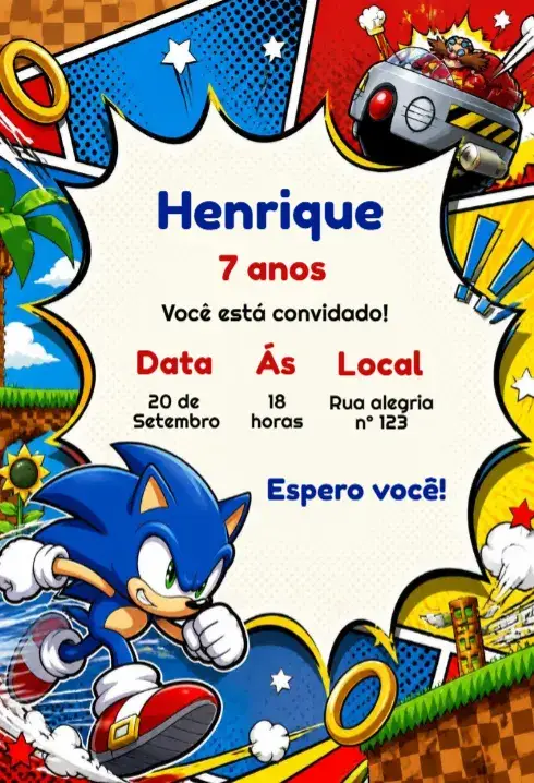 Convite Convite de aniversário Sonic – tema Aniversário Infantil estilo moderno, cores vibrantes, elementos gráficos de jogos, inspirado em animações, design alegre, temática de aventura