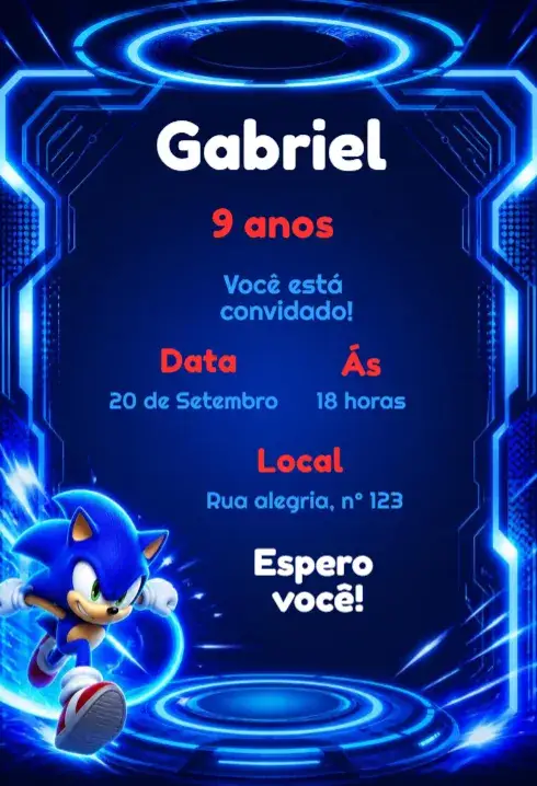 Convite Convite de aniversário Sonic – tema Aniversário Infantil cores vibrantes, estilo moderno, elementos gráficos do Sonic, design divertido, inspiração de jogos, temática de aventura