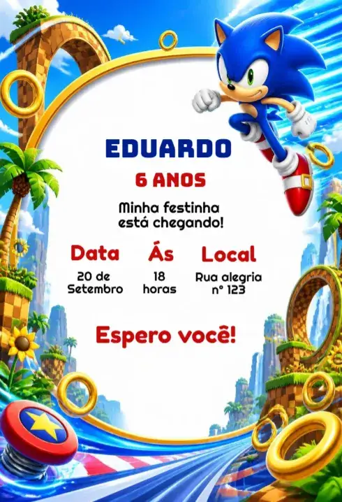 Convite Convite de aniversário sonic – tema Aniversário Infantil colorido, moderno, divertido, jogos de vídeo game, personagens animados